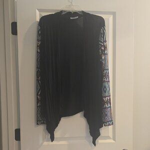 Chic Black Cardigan with Multicolor Patterned Sleeves